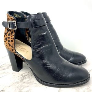 Candela Gala Ankle Strap Leopard Calf Hair Leather Heeled Boots 9 Anthropologie
